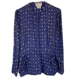 Vintage 90s Silk Blouse Womens Medium Blue Printed Long Sleeve Shirt